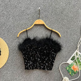 Feather Trim Black Sequin Crop Top