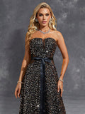 Sequin Belt Sheer Waist Black Prom Dress