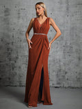 Brown V Neck Chiffon Belt Prom Dress