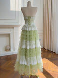 Green Tulle A Line Ruffles Lace Party Dress