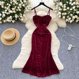 Rhinestone Spaghetti Straps Burgundy Velvet Dress