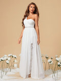 One Shoulder Chiffon Pearl Belt Wedding Dress With Slit