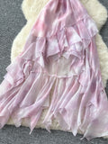 Cascading Ruffled Layers Spaghetti Straps Pink Tie Dye Dress