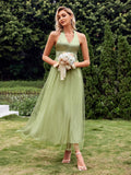 Halter Green Tulle Sequin Backless Prom Dress