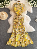 Floral Fantasy Embodied Yellow and Beige Dress