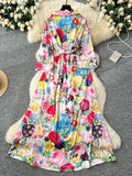 Lapel Collar Belt Floral Printed Maxi Dress