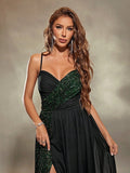 Green Sequin V Neck A Line Pleats Prom Dress