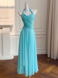 Blue Chiffon Halter Pleats Party Dress