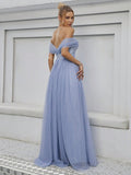 Blue Off The Shoulder Appliques Prom Dress