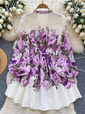 Long Sleeve Vibrant Purple Flowers White Dress