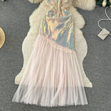 Flowing Tulle Skirt Iridescent Sequin Dress