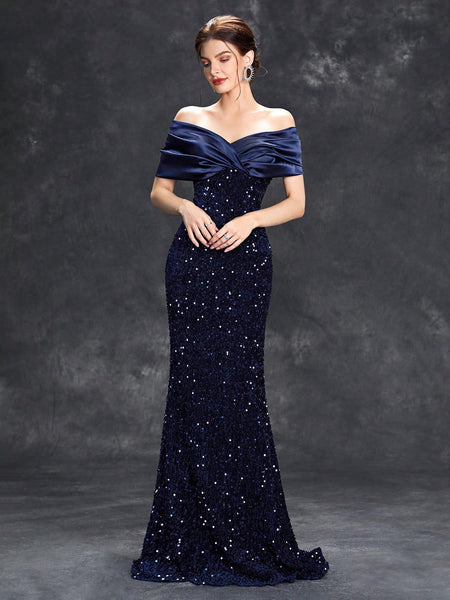 Off The Shoulder Trumpet Mermaid Navy Sequin Prom Dress