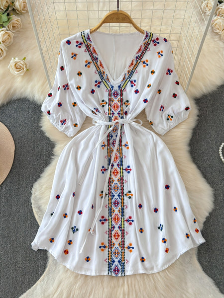 Embroidery White V-Neck Summer Dress