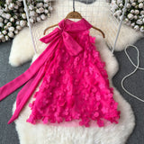 Charming Bow Floral Appliqué Pink Dress