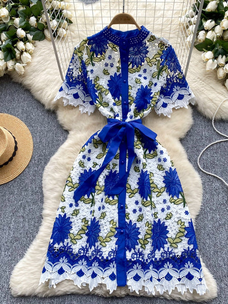 Bow Embroidered BlueFloral Lace Dress