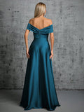 Blue Satin A Line Ruched Off The Shoulder Prom Dress