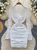 Deep V-Neckline Knotted White Lace Dress