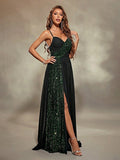 Green Sequin V Neck A Line Pleats Prom Dress