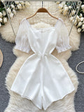 Puffy Sleeve White Short Mini Jumpsuit