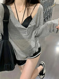 Single-breasted Scoop Gray Cover Up T-shirt Top