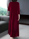 Plus Velvet Burgundy Long Sleeve Round Neck Loose Maxi Dress