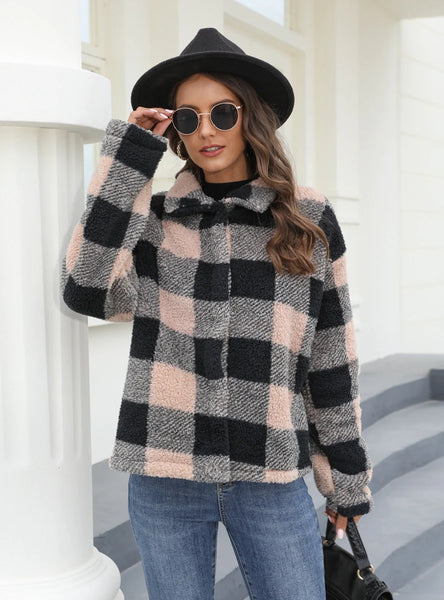 BUTTON PADDED WARM LAPEL PLAID PLUSH COAT