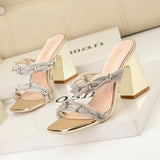 SQUARE-HEADED THICK-HEELED RHINESTONE SLIPPERS SANDALS