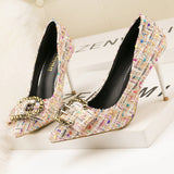 HIGH HEELS RHINESTONE BUTTONS POINTED HIGH HEELS