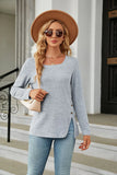 SQUARE NECK BUTTON SPLIT LOOSE LONG SLEEVE T-SHIRT