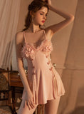 SEXY ICE LACE V-NECK PINK SPLIT SLING NIGHTDRESS