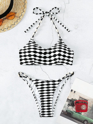 BLACK AND WHITE CONTRAST SHELL ROPE BIKINI