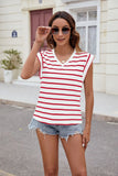 V-NECK STRIPED SHORT SLEEVE LOOSE T-SHIRT