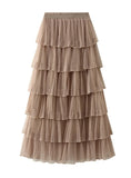 Women Elastic Waist Mesh Pleats Cake Skirt