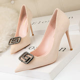 DIAMOND POINTED THIN HEELS METAL BUCKLES SHOES