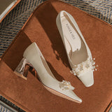 SQUARE-HEADED THICK-HEELED BEADED WEDDING SHOES