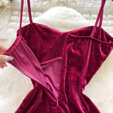 Rhinestone Spaghetti Straps Burgundy Velvet Dress