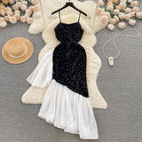 Contrasting White Ruffled Hem Black Sequin Gown