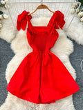 Charming Bow Tied Straps Red Sleeveless Dress