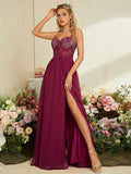 Burgundy Chiffon A Line Sheer Lace Prom Dress With Slit