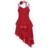 Ruffles Floral Red Asymmetrical Dress