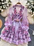 Ornate Belt Lavender Floral Printed Shirt Dress