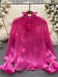 Sparkling Embellished Neckline Stylish Pink Ruffled Front Blouse