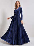 Long Sleeve Navy Bow V Neck Velvet Prom Dress