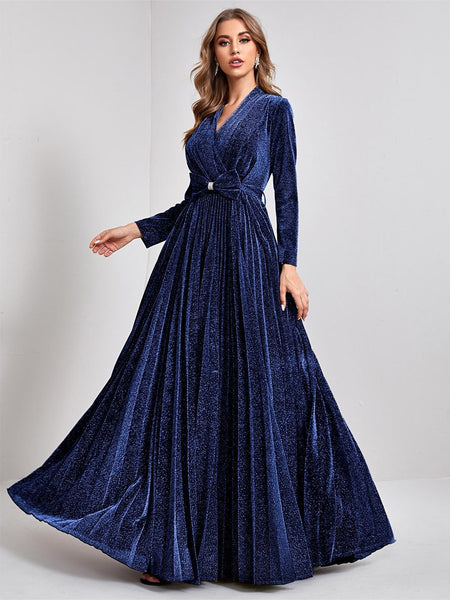 Long Sleeve Navy Bow V Neck Velvet Prom Dress