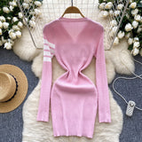 Pearl Buttons Long Sleeves Pink Knit Cardigan Dress