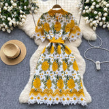 Bow Embroidered Yellow Floral Lace Dress