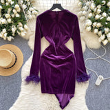 Feathered Cuffs Wrapped Waist Purple Velvet Dress