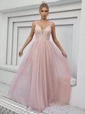 V Neck Backless Applique Tulle Prom Dress