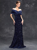 Off The Shoulder Trumpet Mermaid Navy Sequin Prom Dress