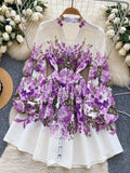 Long Sleeve Vibrant Purple Flowers White Dress